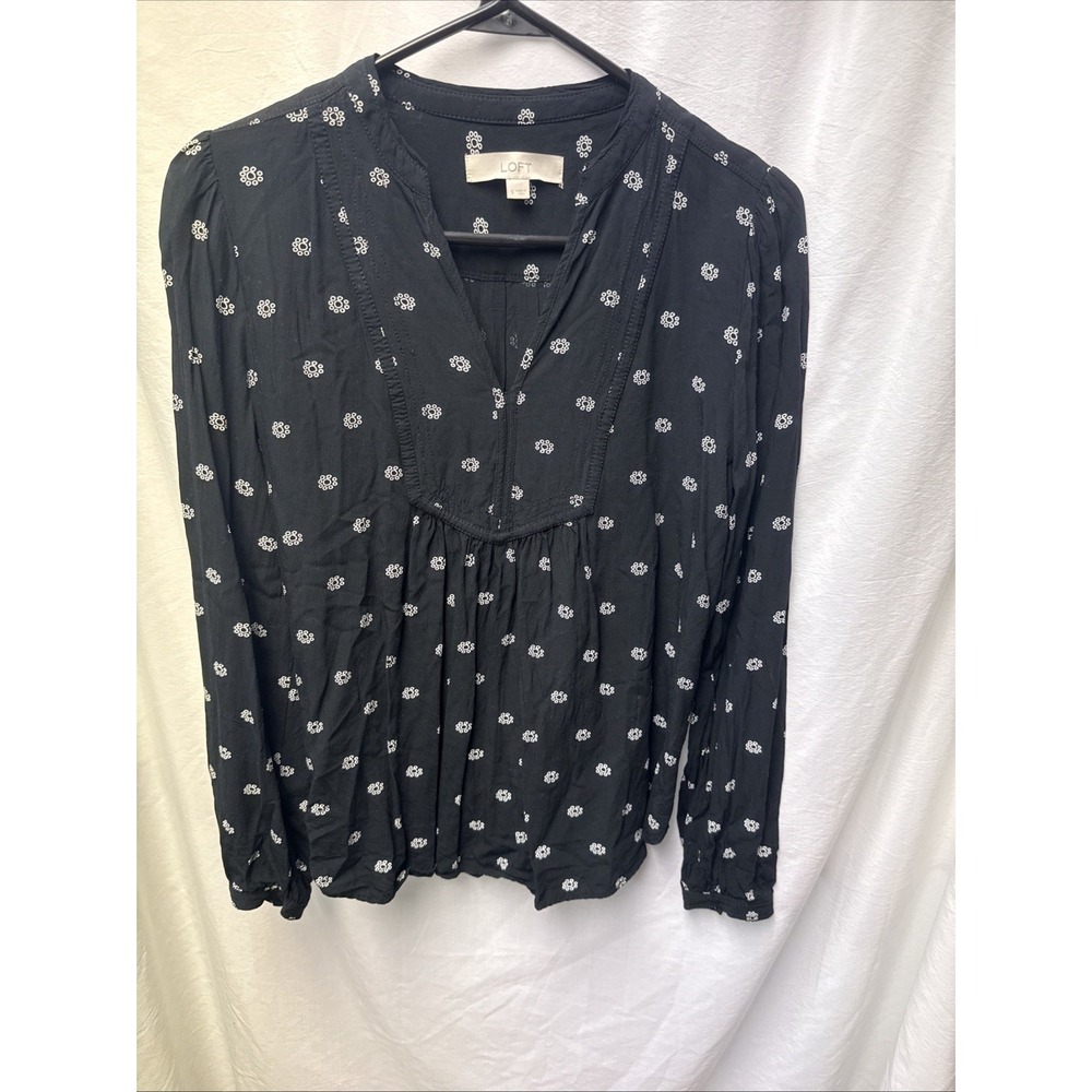 LOFT Womens Size Small Top Black and White Floral Long Sleeve Blouse Feminine